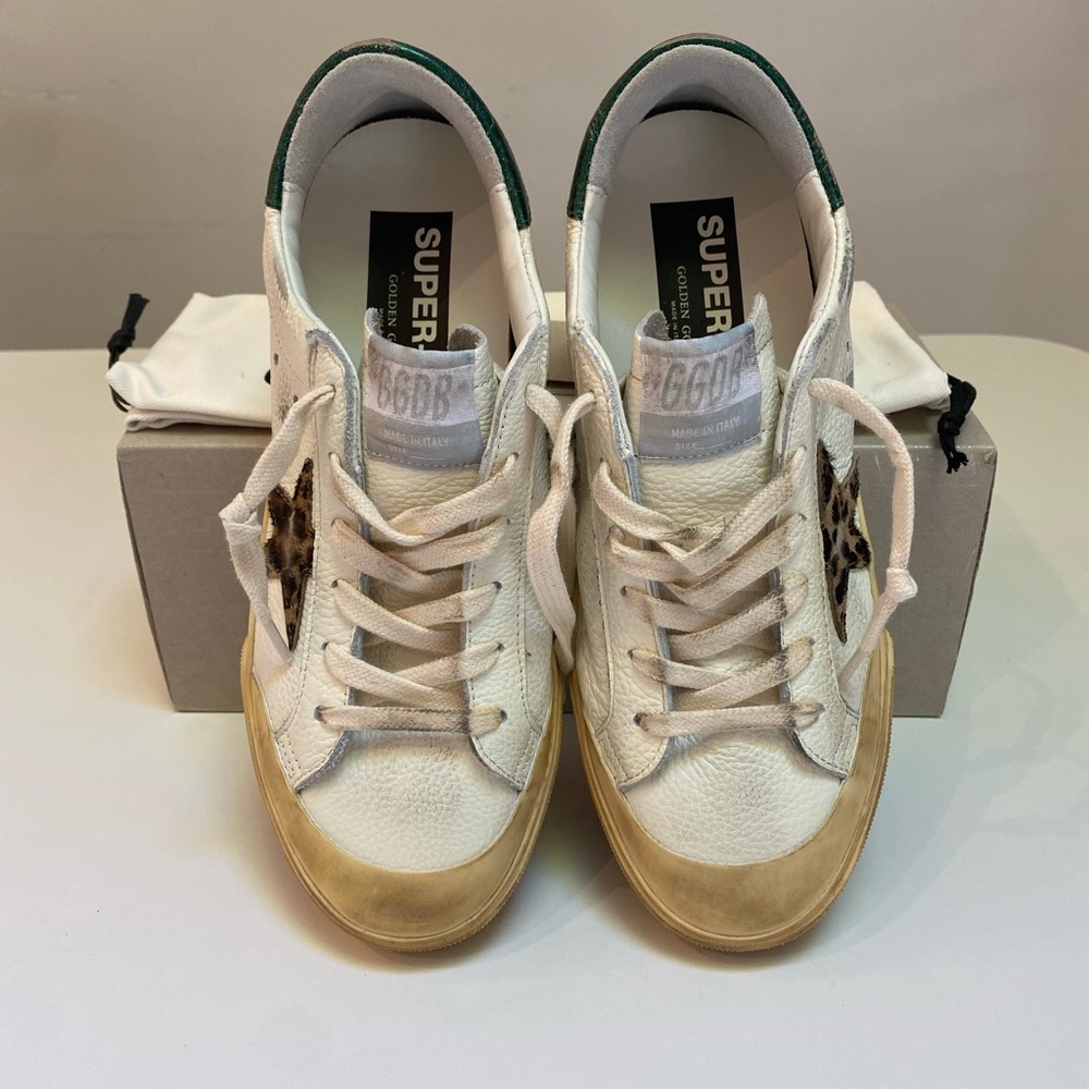 Golden Goose Superstar Penstar White Leather/Green/Leopard Star sz 38 New in Box - Picture 8 of 14